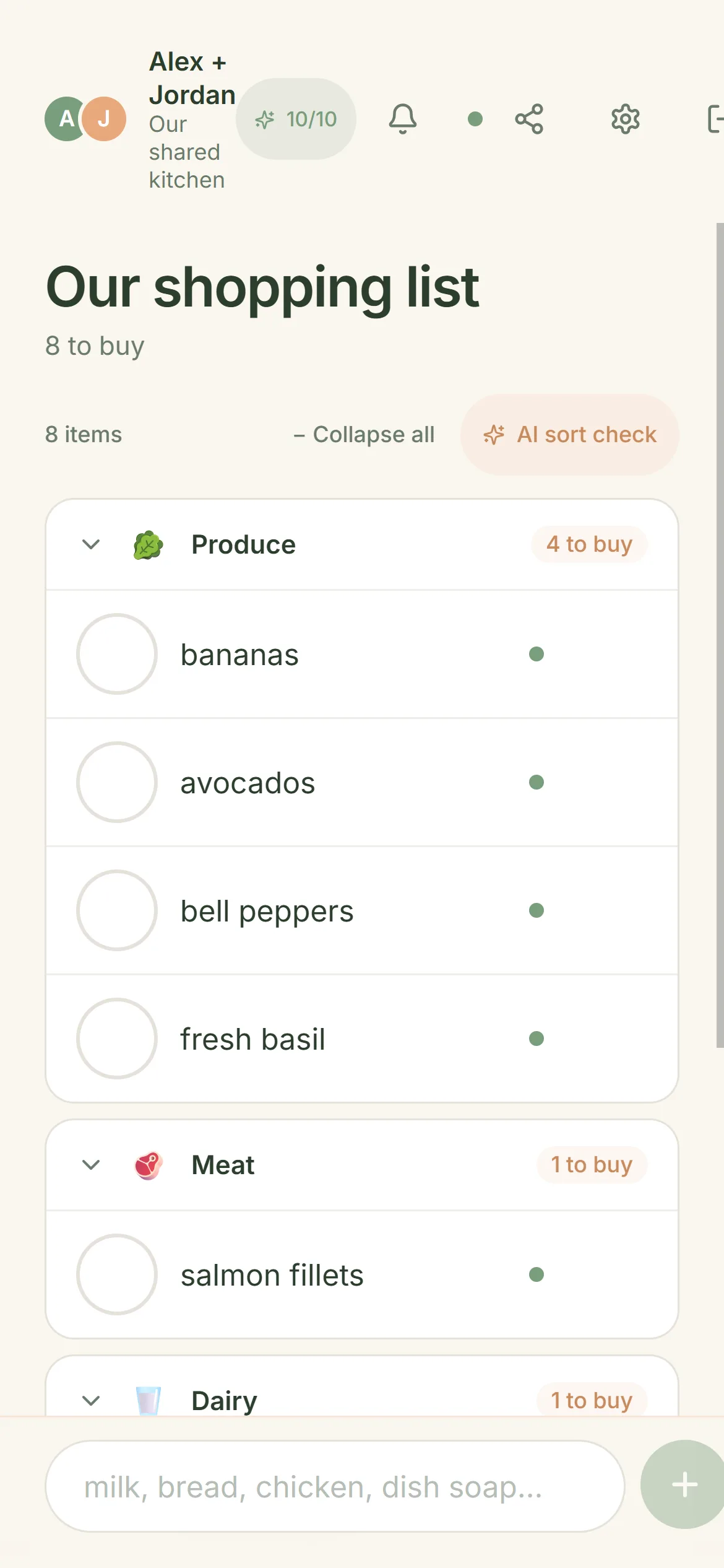 CookTwo shared shopping list with partner colours and categories