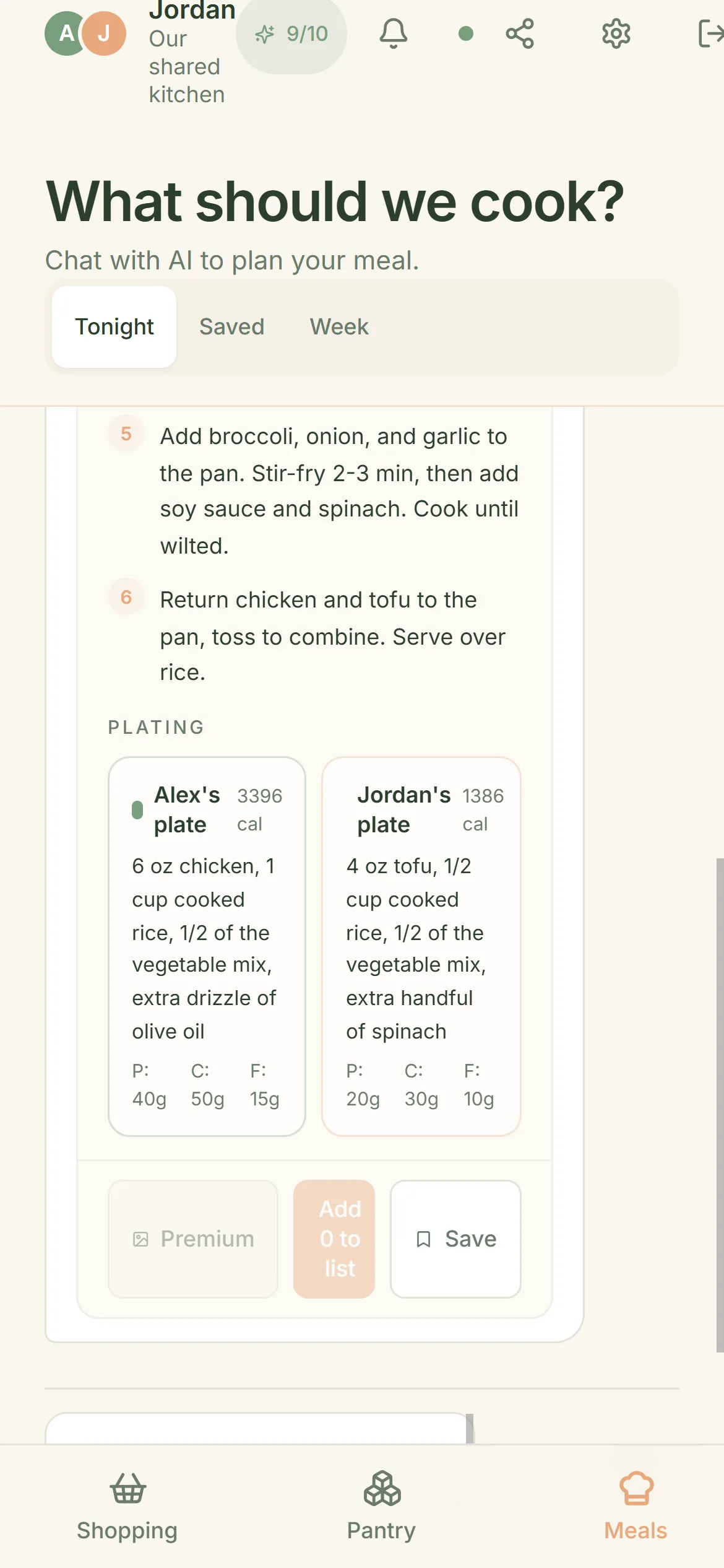 CookTwo adaptive meal showing Alex's plate and Jordan's plate