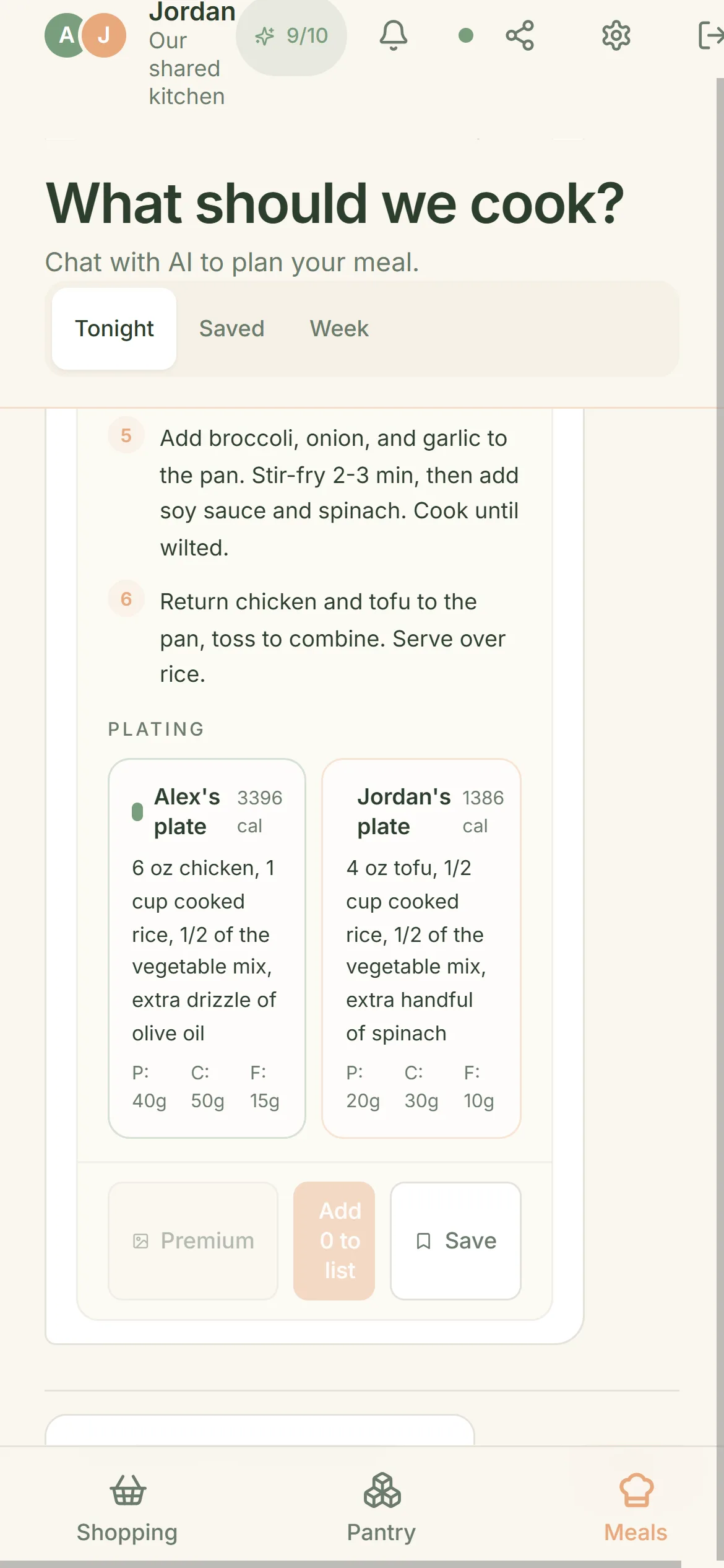 CookTwo AI-generated meal card with ingredients, steps and dual plating