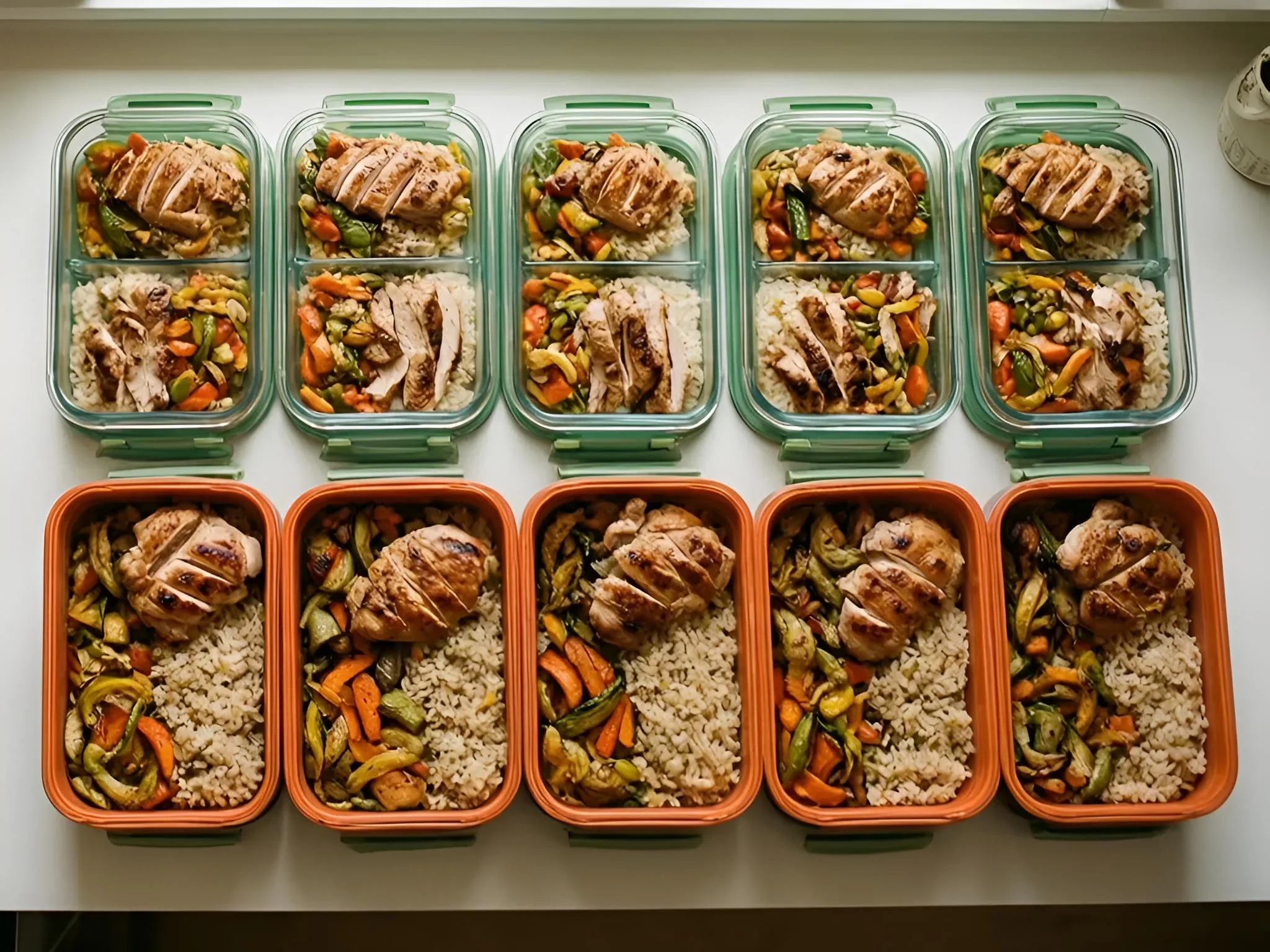 Glass meal prep containers arranged in two rows — green lids for smaller portions, orange lids for larger portions — on a clean kitchen counter