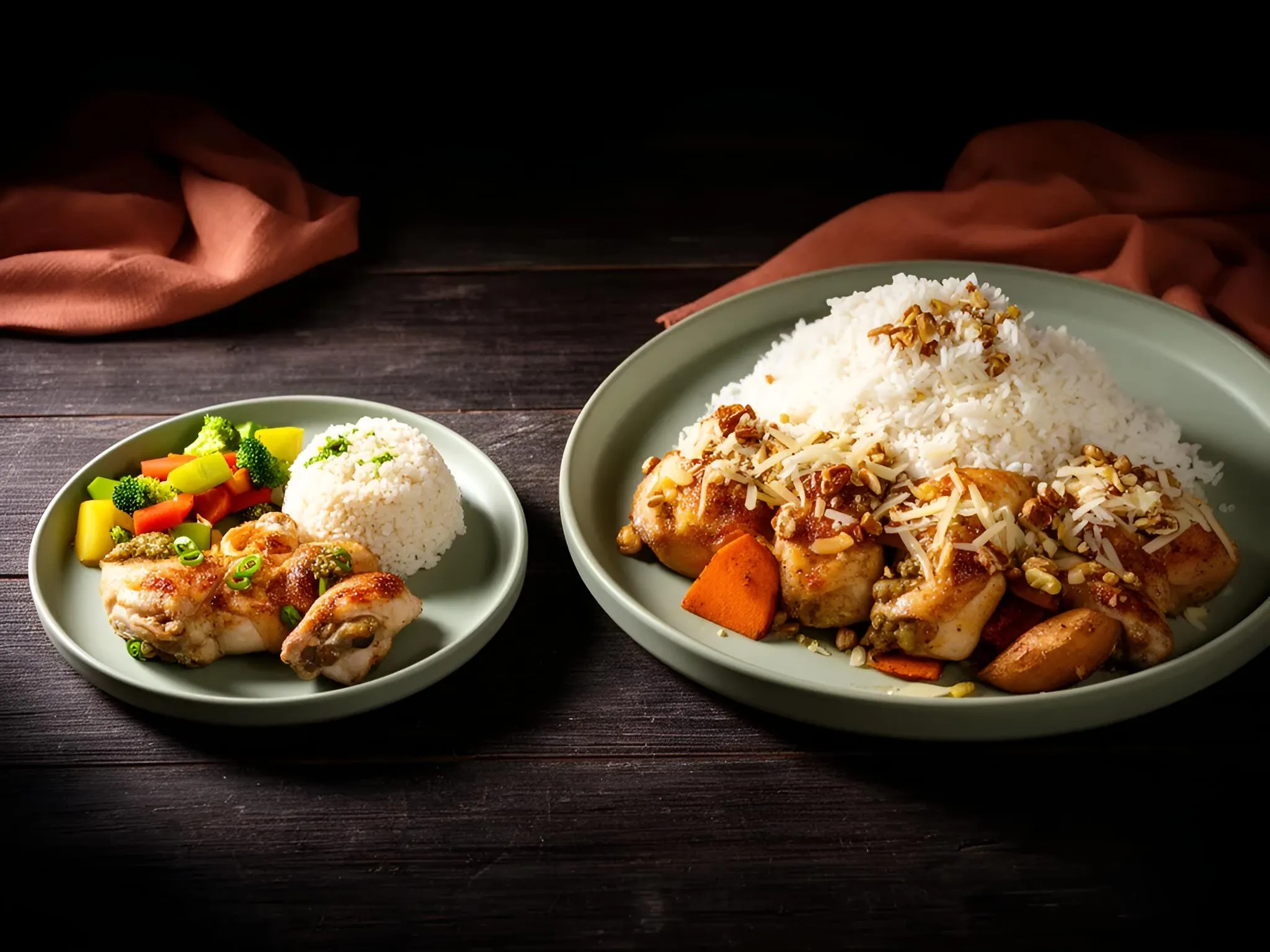 Two plates in dramatic contrast — a small cutting plate with chicken and greens next to a large bulking plate with extra chicken, rice, sweet potato, cheese and nuts