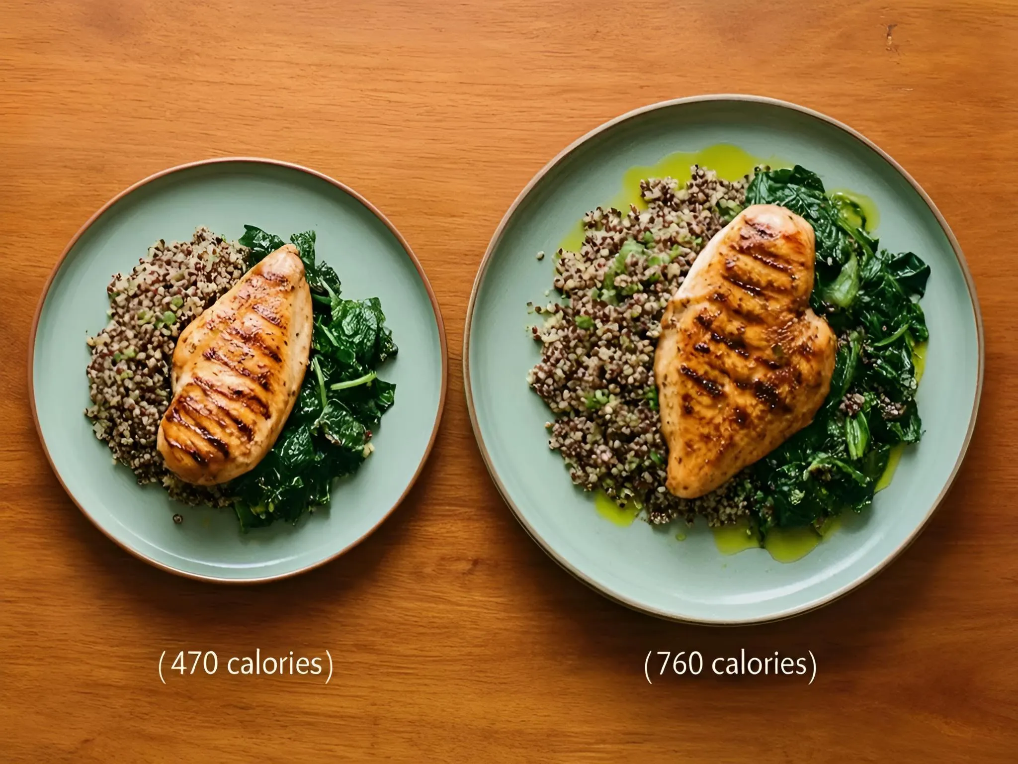 Two plates of the same chicken, quinoa and greens meal plated in different portion sizes for two different macro targets
