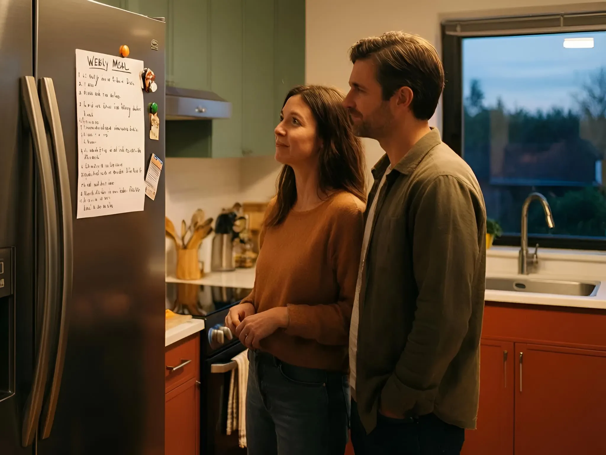 A couple standing together looking at a weekly meal plan on their fridge door, the evening stand-off resolved