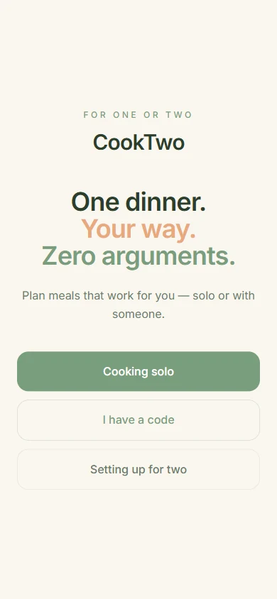 CookTwo welcome screen with three onboarding options