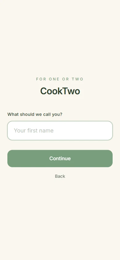 CookTwo onboarding name input
