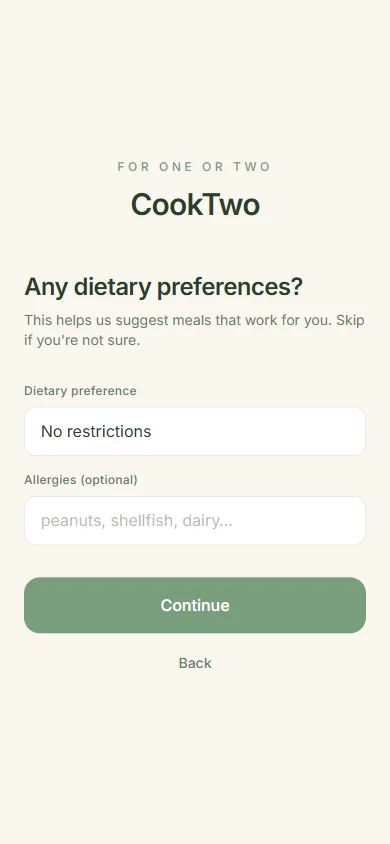 CookTwo onboarding dietary preferences and allergies