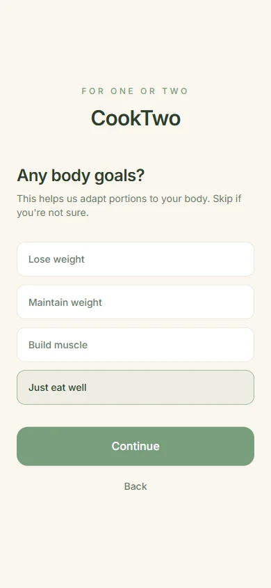 CookTwo onboarding body goals selection