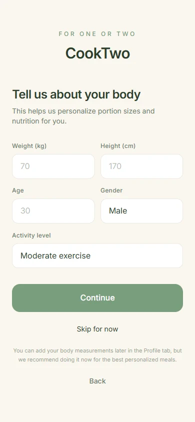 CookTwo onboarding body profile form