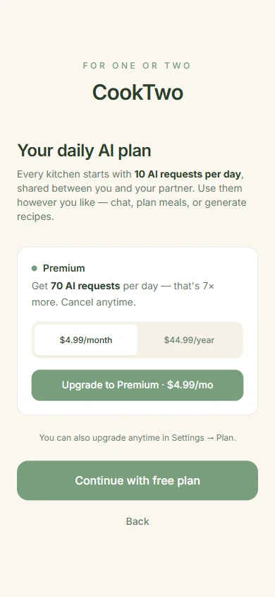 CookTwo onboarding plan selection