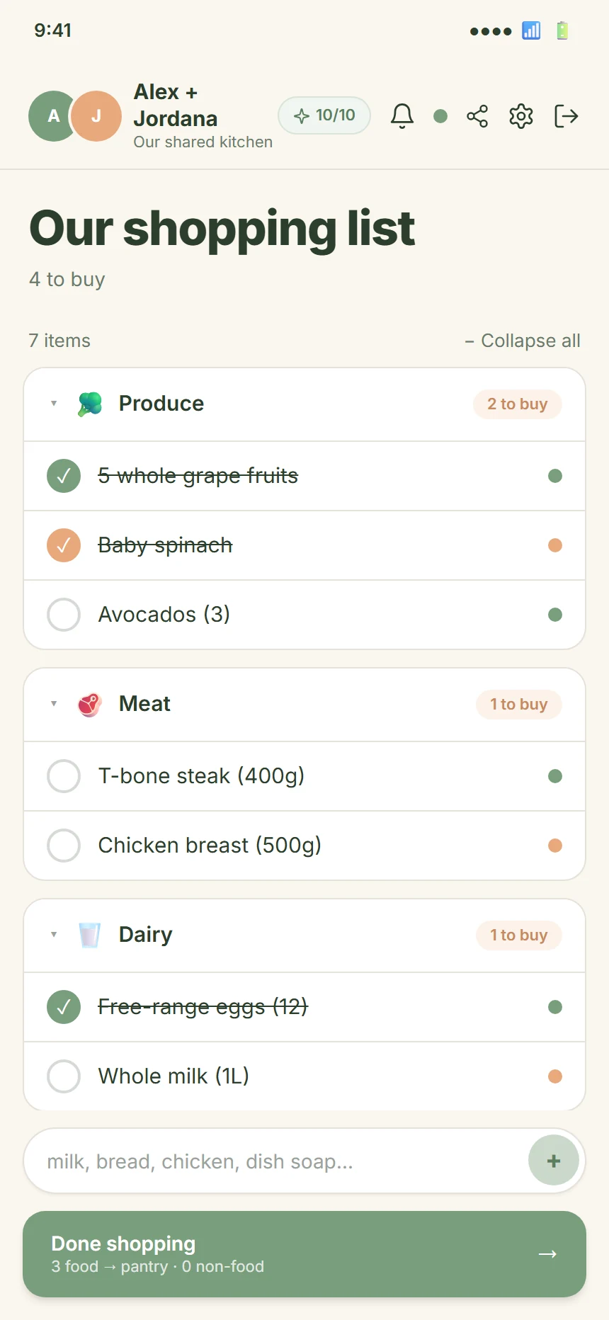 CookTwo shopping tab with items checked off and the Done shopping button