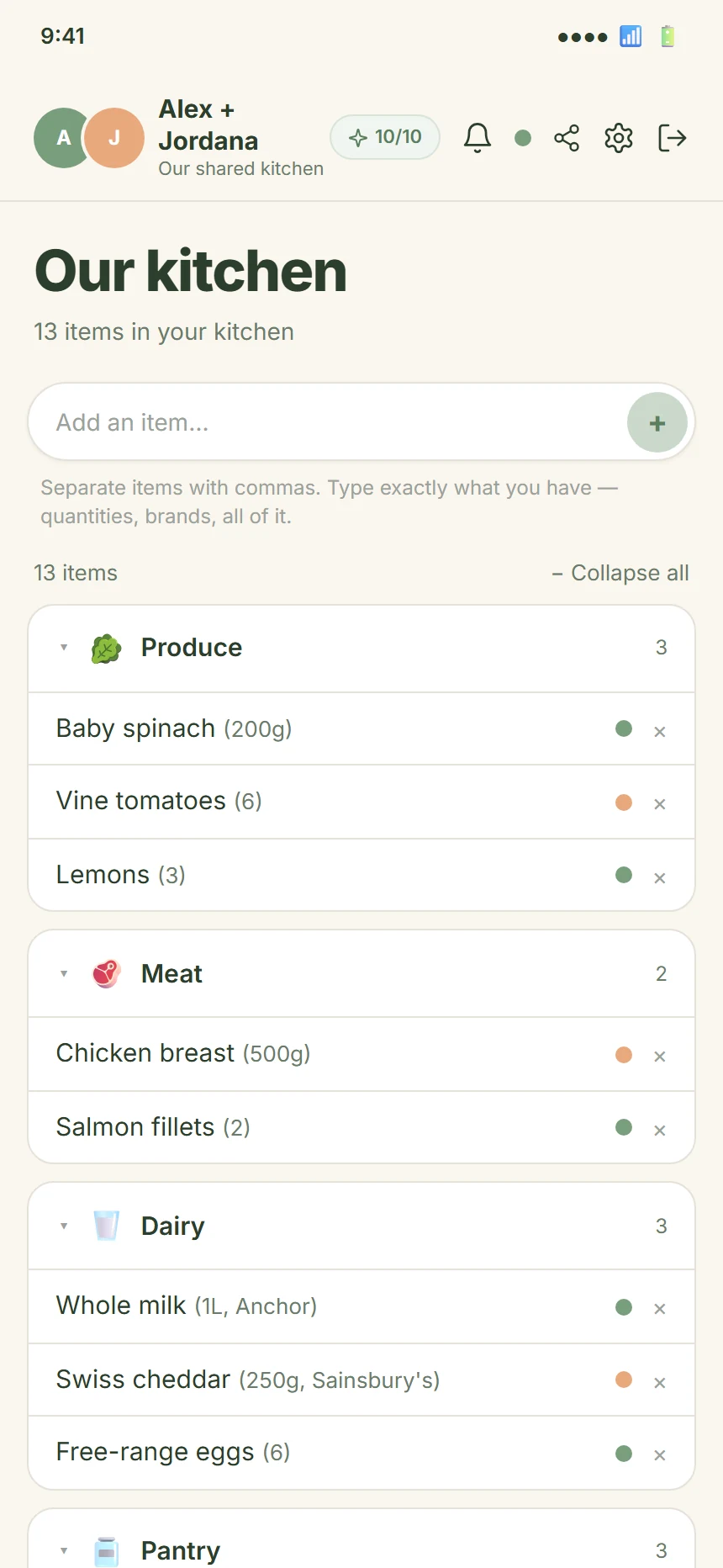 CookTwo pantry tab populated with categories