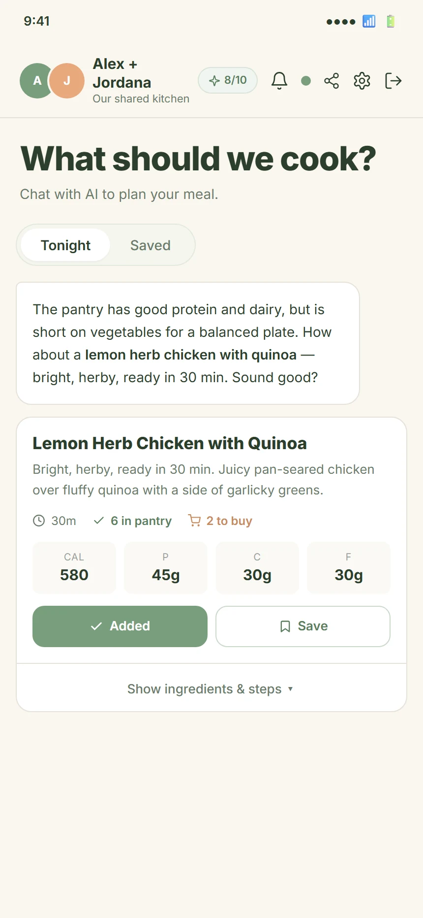CookTwo meal chat with generated meal card