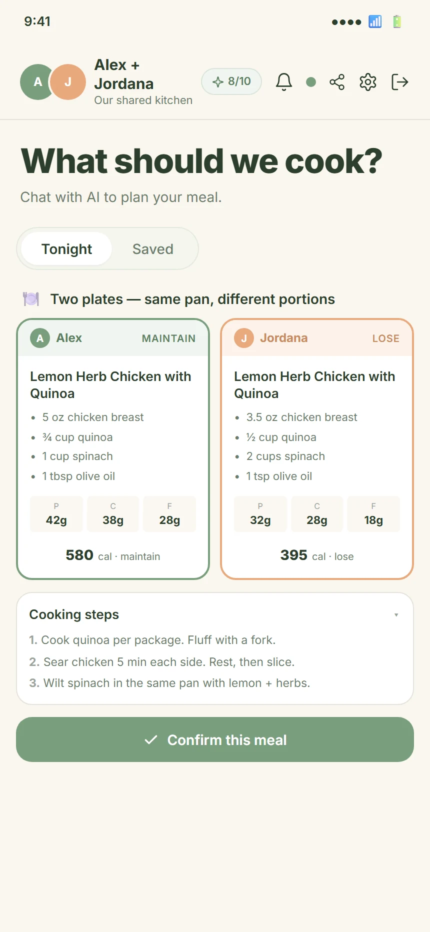 CookTwo meal card expanded with adaptive plating
