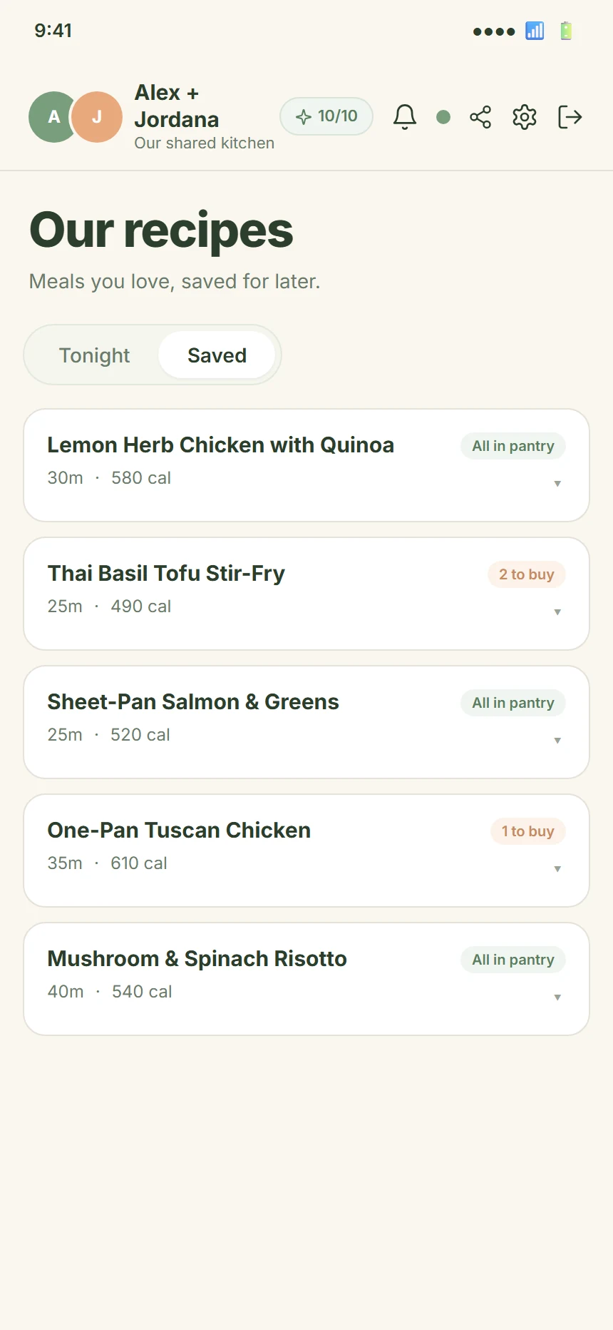CookTwo Meals tab Saved view
