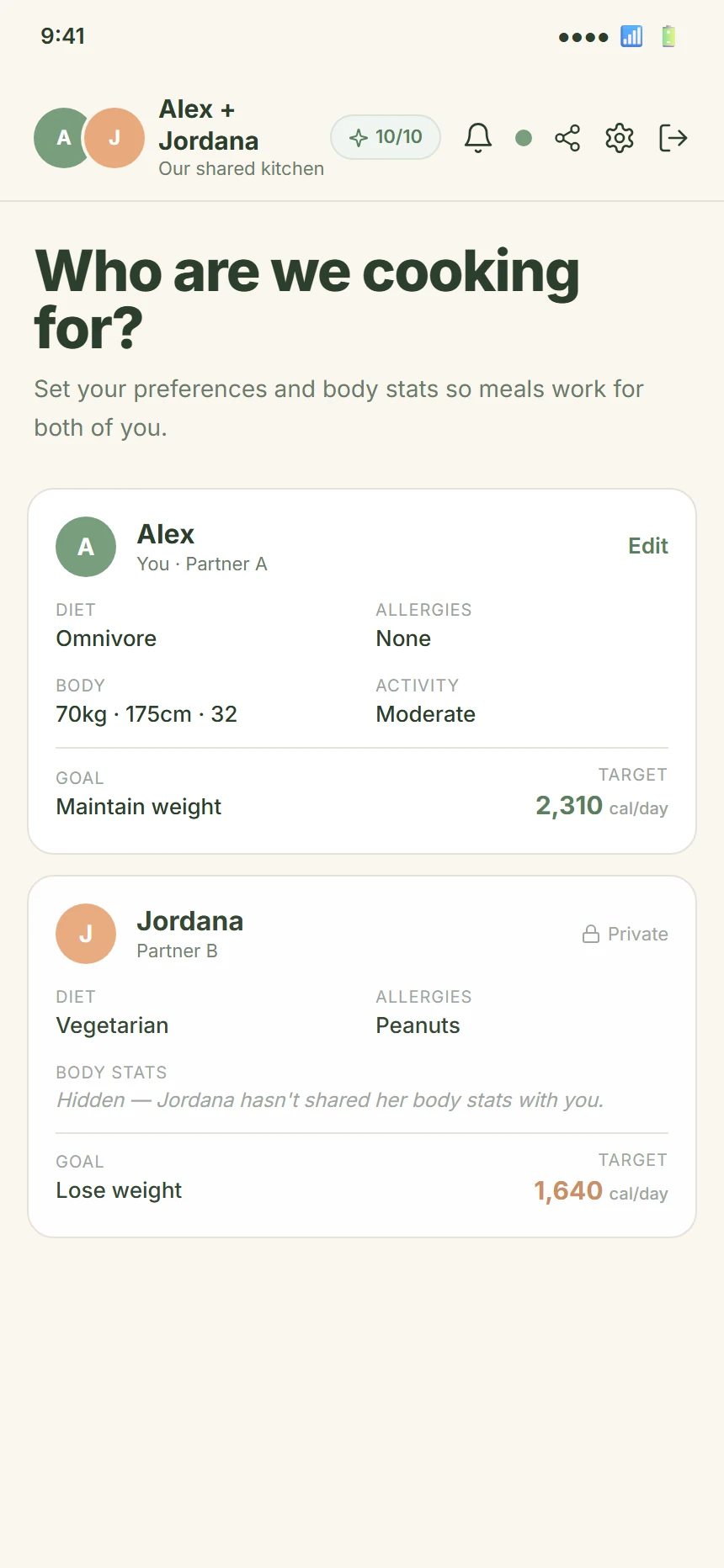 CookTwo profiles tab showing your profile and partner profile