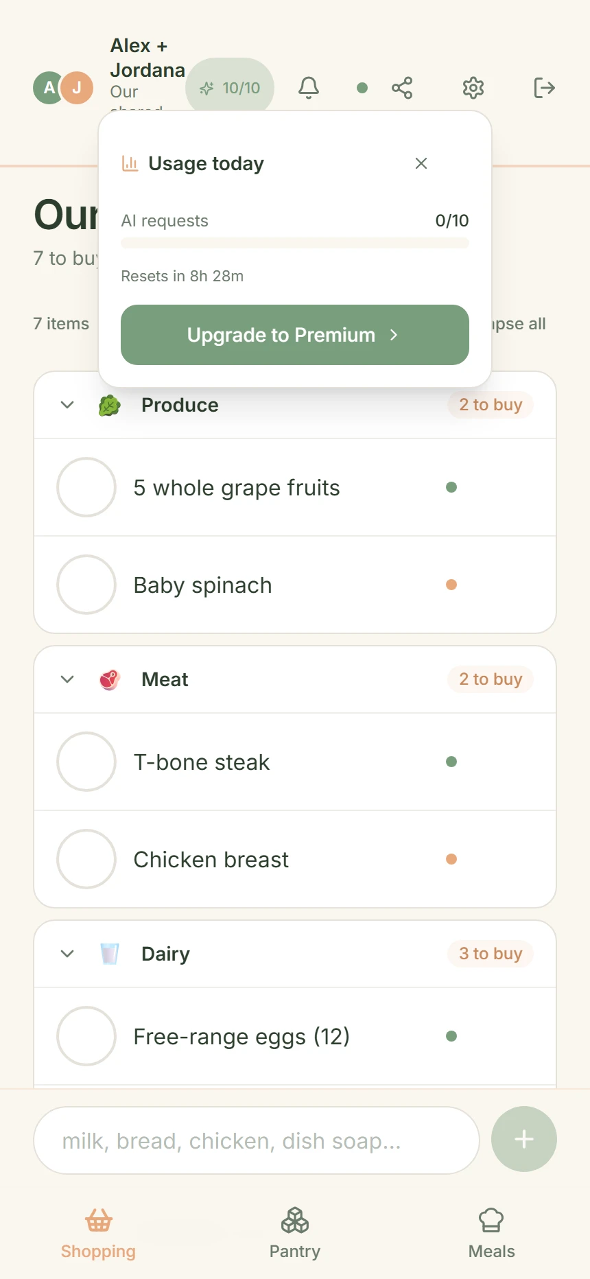 CookTwo AI credits usage panel