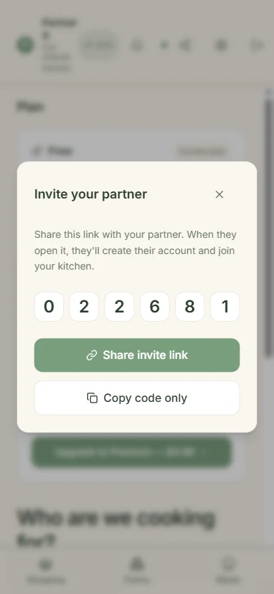 CookTwo share invite code modal