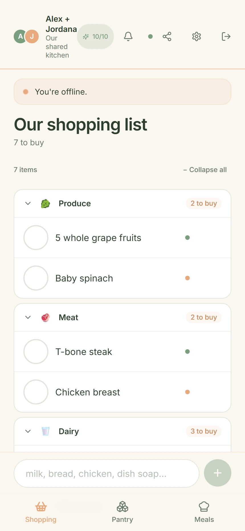 CookTwo shopping tab in offline mode