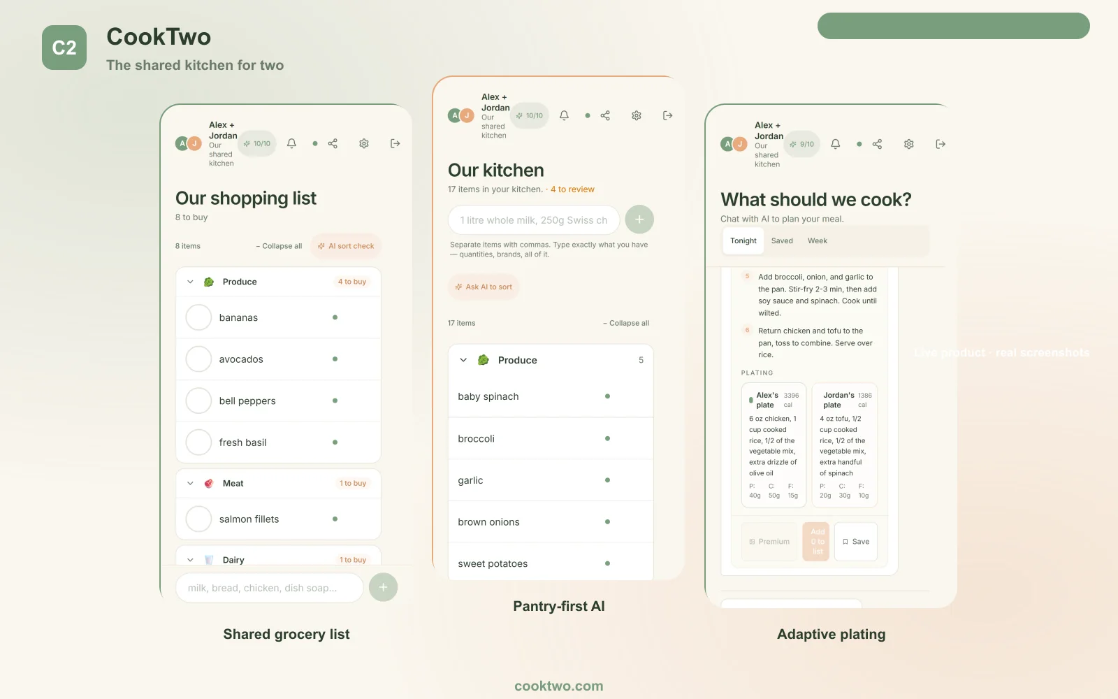 CookTwo app screens showing the shared grocery list, pantry-first AI, and adaptive meal plating for two partners