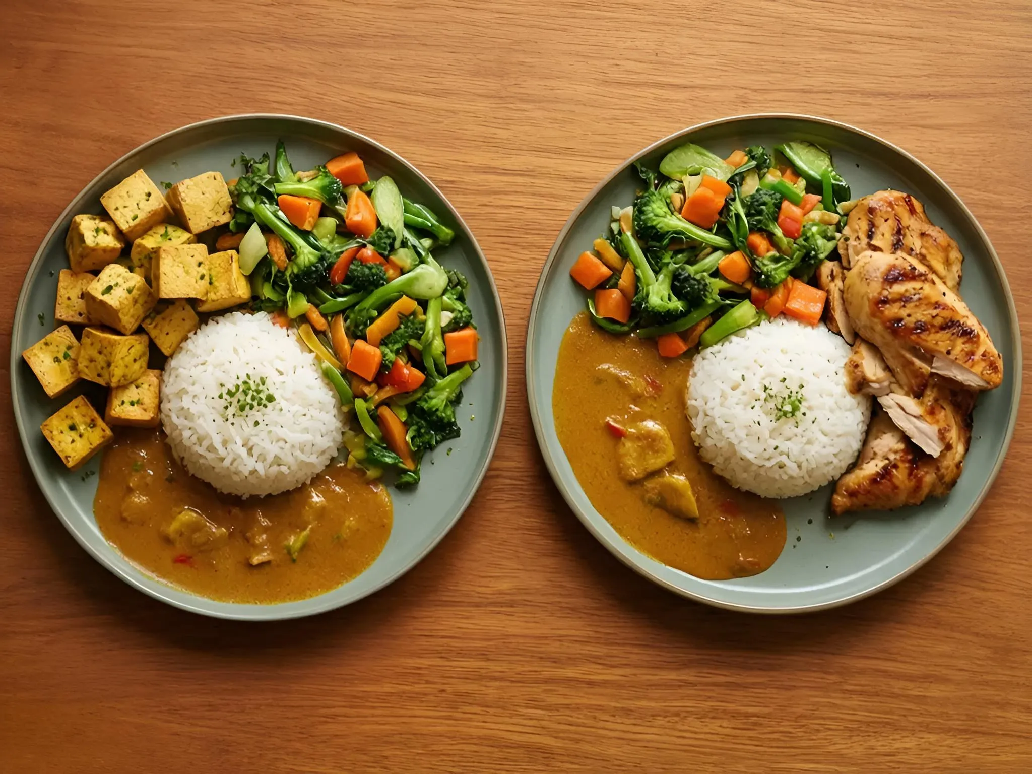 Two plates side by side: one vegetarian with tofu, one with chicken, both sharing the same rice and vegetables