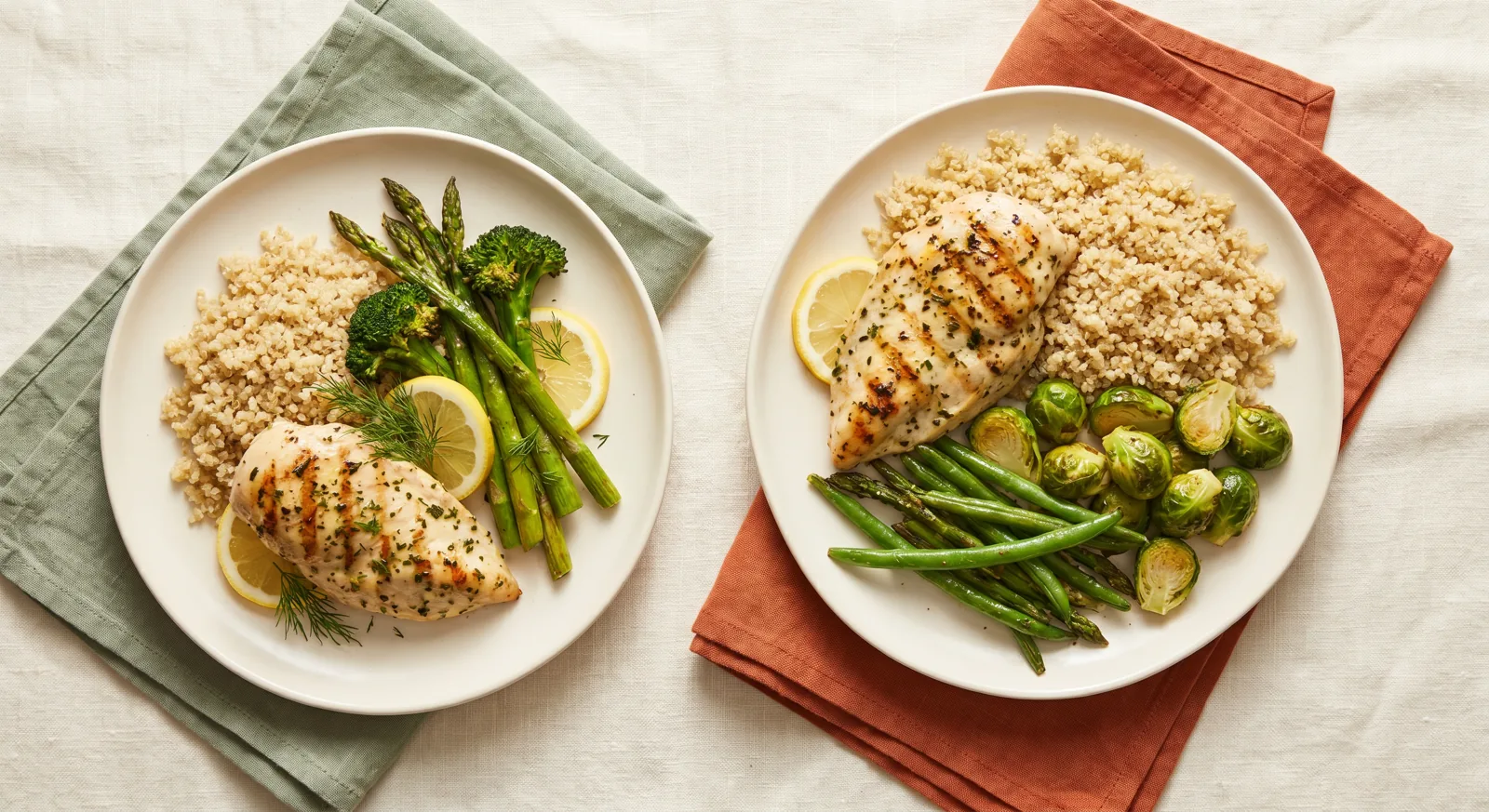 Two plates of the same chicken, quinoa and greens meal plated in different portion sizes for two different goals