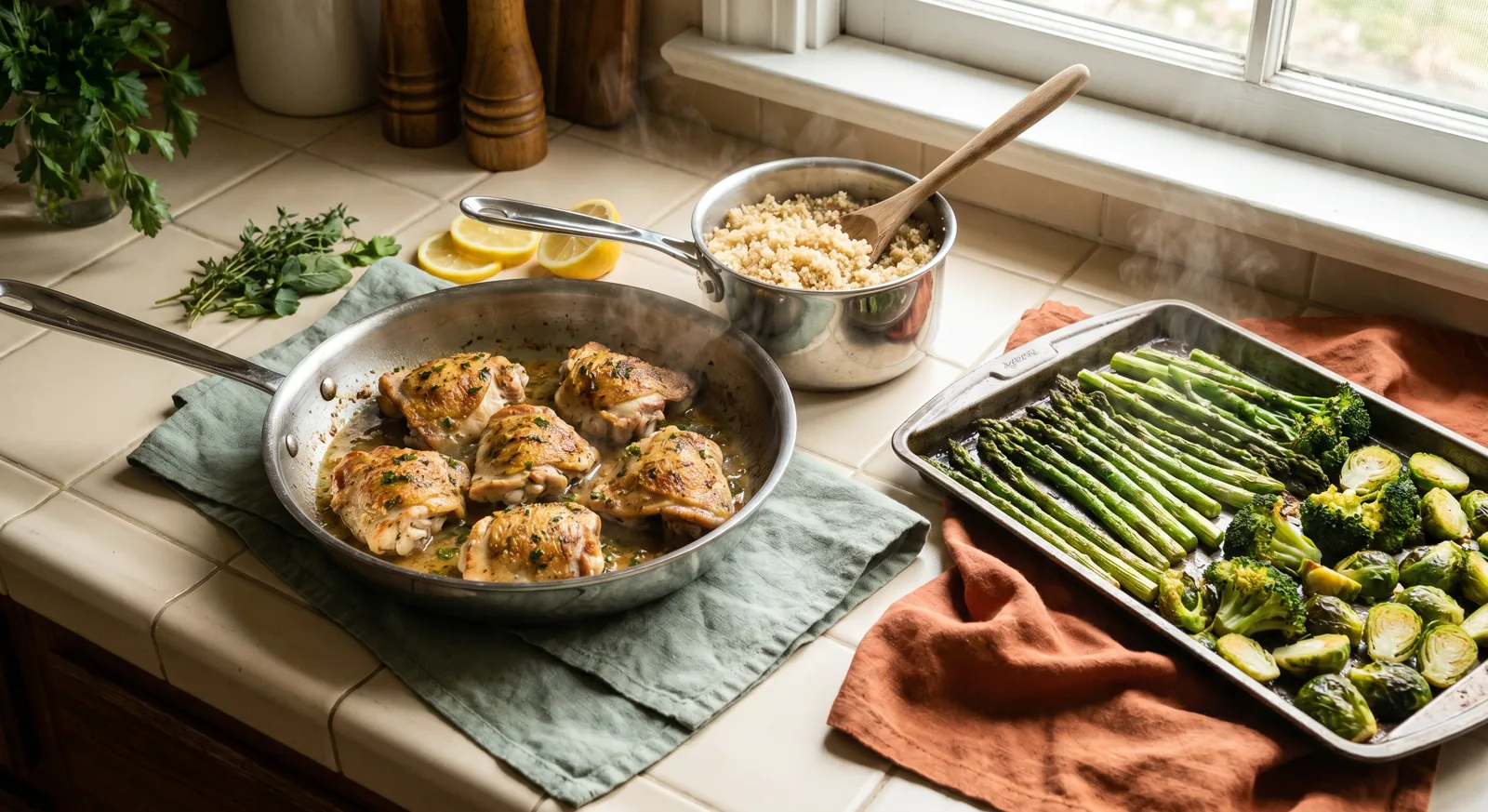 A single pan of chicken, a pot of quinoa and a tray of greens ready to be plated into two different portions