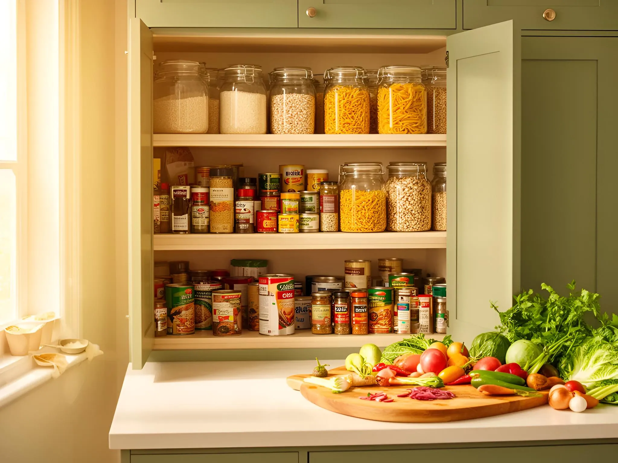 A well-organised pantry with grains, tinned goods, and fresh ingredients visible on a kitchen counter